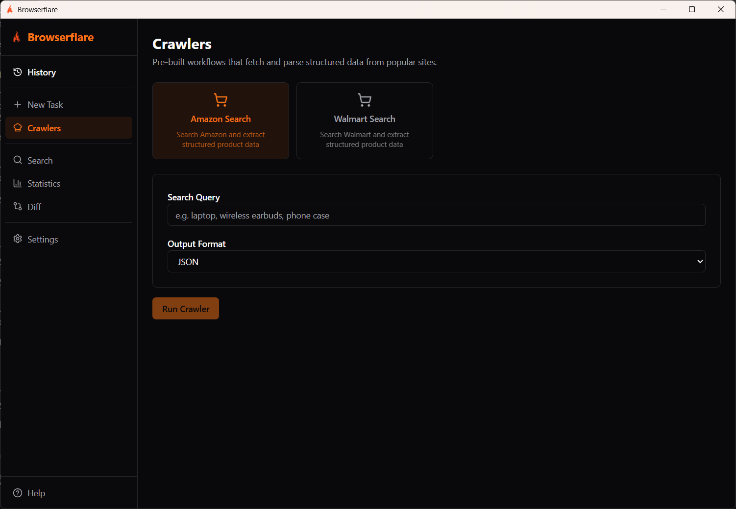 Browserflare Crawlers page with Amazon Search selected, showing search query input and JSON output format