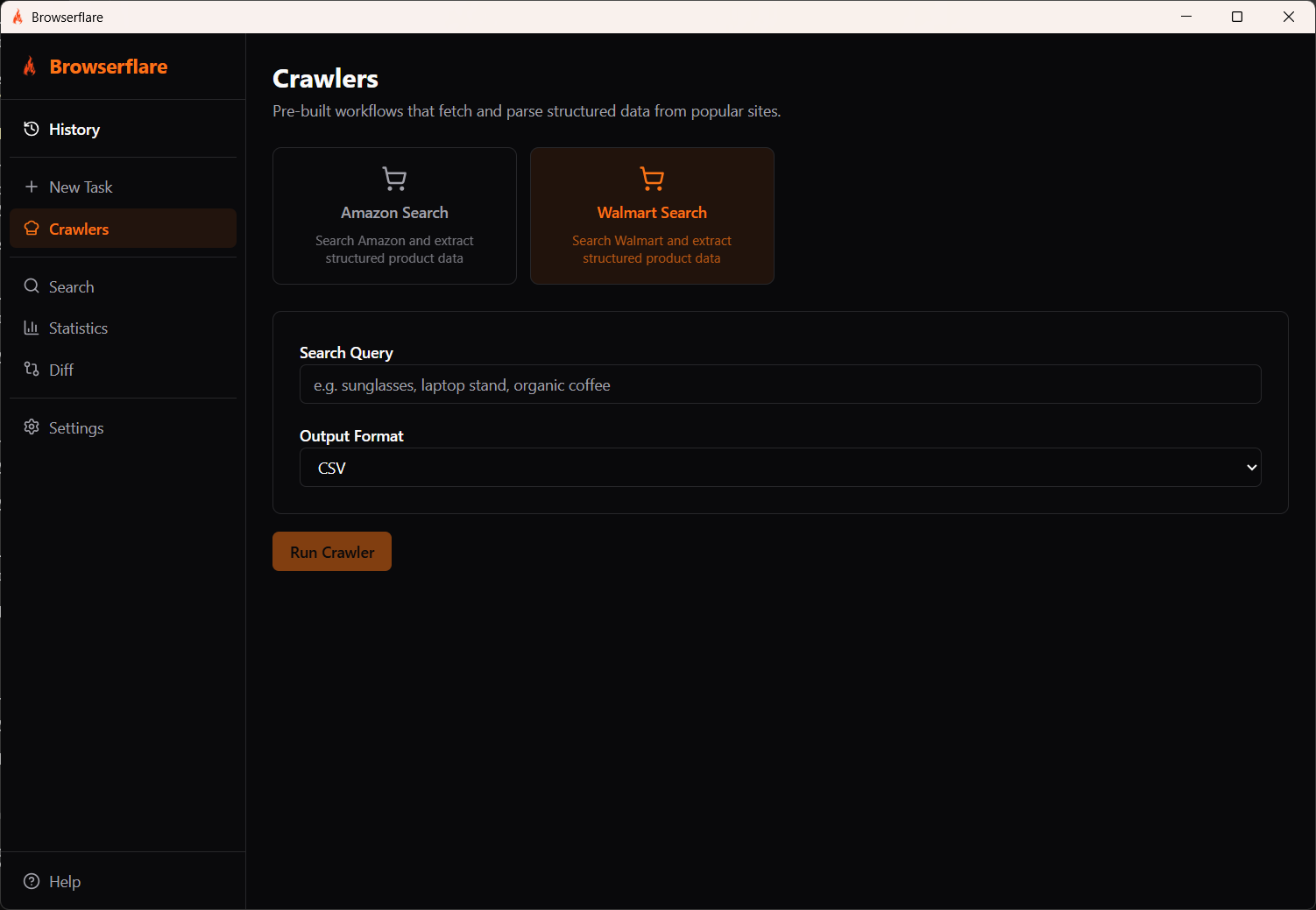 Browserflare Crawlers page with Walmart Search selected, showing search query input and CSV output format
