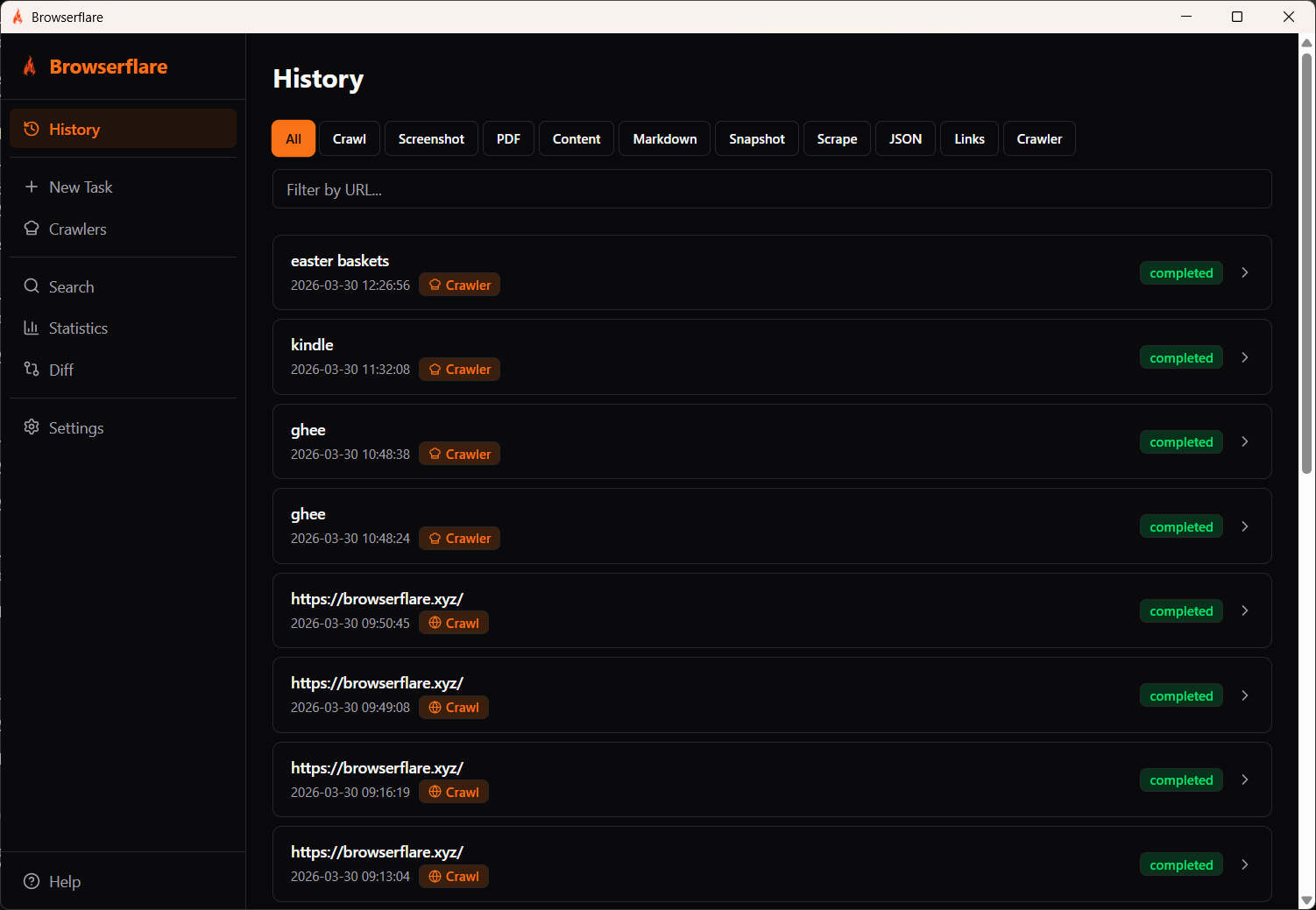 Browserflare History page showing completed tasks with type filters and status badges