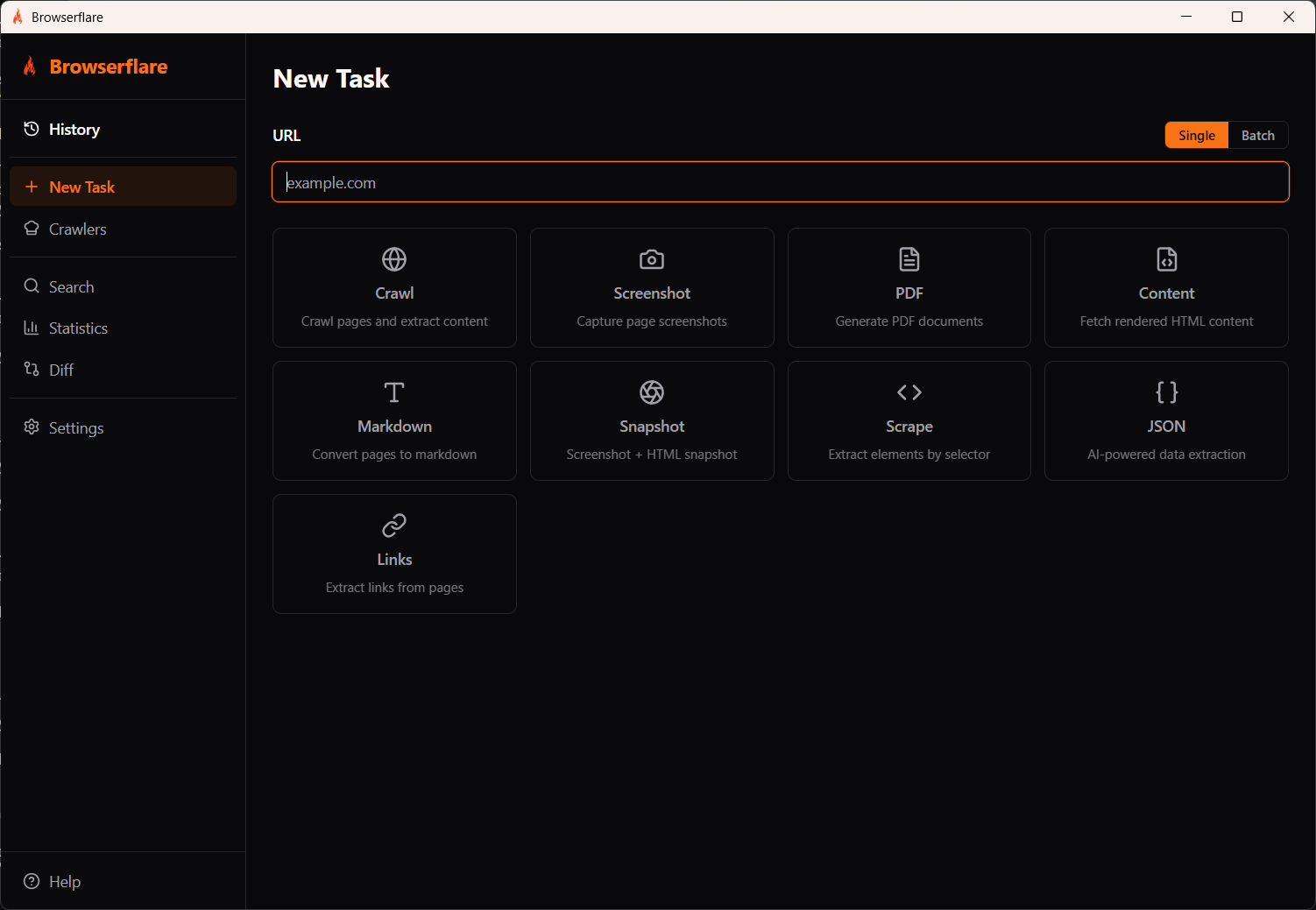 Browserflare New Task page showing URL input and task type cards: Crawl, Screenshot, PDF, Content, Markdown, Snapshot, Scrape, JSON, Links